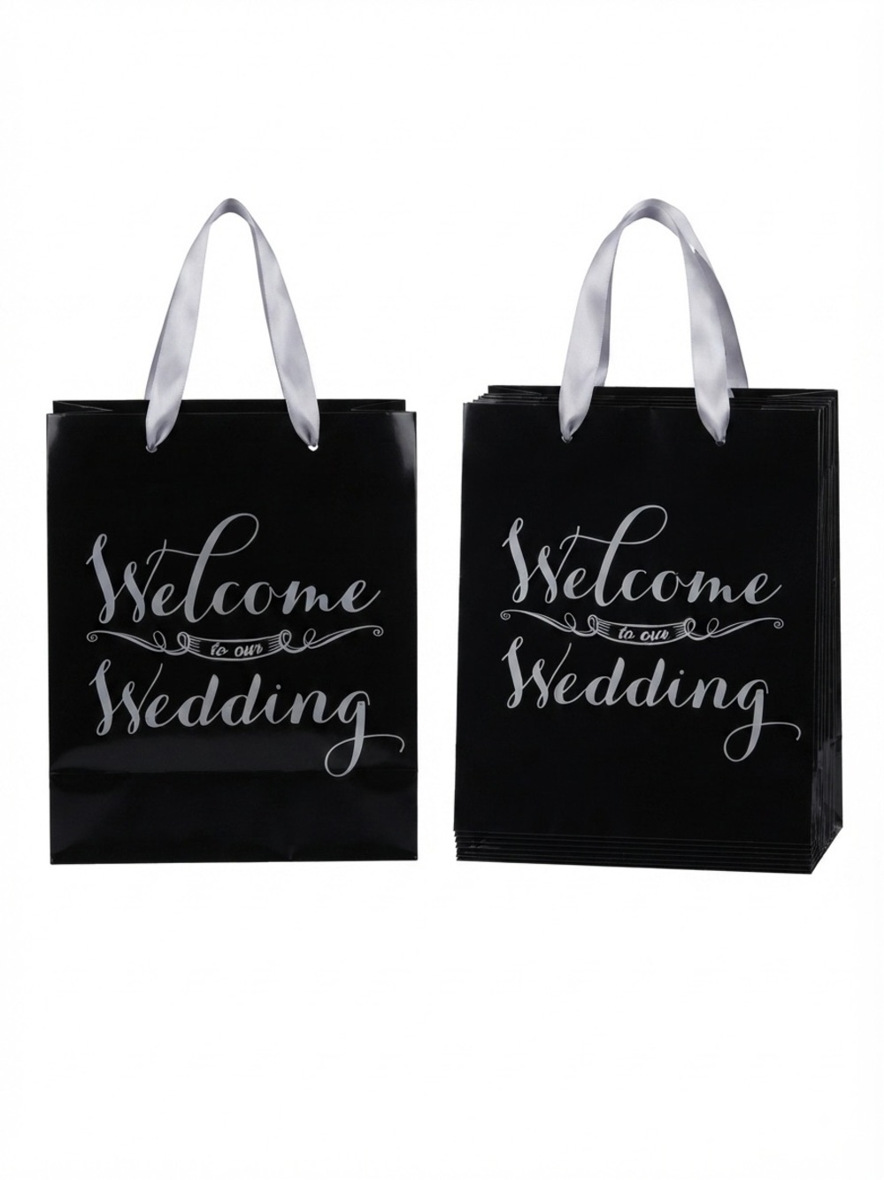 Black "Welcome to Our Wedding" Gift Bags with Silver Handles, 8 count